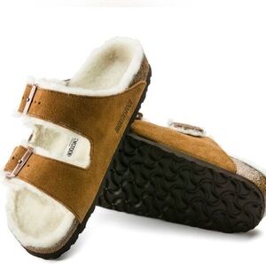 Suede BIRKENSTOCK ARIZONA Shearling Sandals, Size 38/7 Mink/Camel Color, NWOB